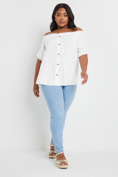 Yours Curve White Chambray Button Detail Bardot Top