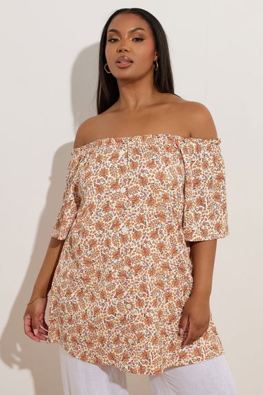 Yours Curve Orange Textured Leaf Print Bardot Top