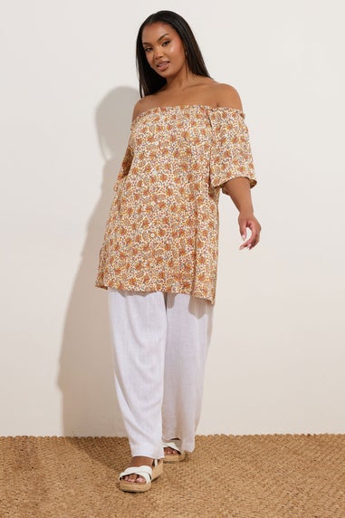 Yours Curve Orange Textured Leaf Print Bardot Top