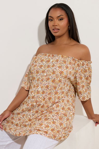 Yours Curve Orange Textured Leaf Print Bardot Top