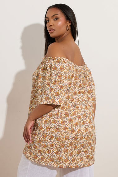 Yours Curve Orange Textured Leaf Print Bardot Top