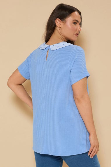 Yours Curve Blue Ditsy Floral Collar Ribbed Swing Top