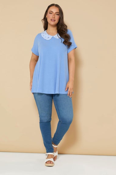 Yours Curve Blue Ditsy Floral Collar Ribbed Swing Top