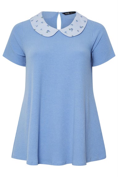 Yours Curve Blue Ditsy Floral Collar Ribbed Swing Top