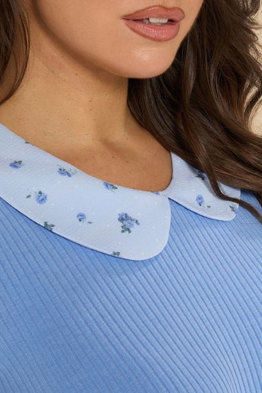 Yours Curve Blue Ditsy Floral Collar Ribbed Swing Top