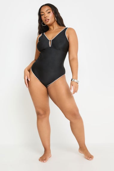 Yours Curve Black Contrast Blanket Stitch Plunge Swimsuit