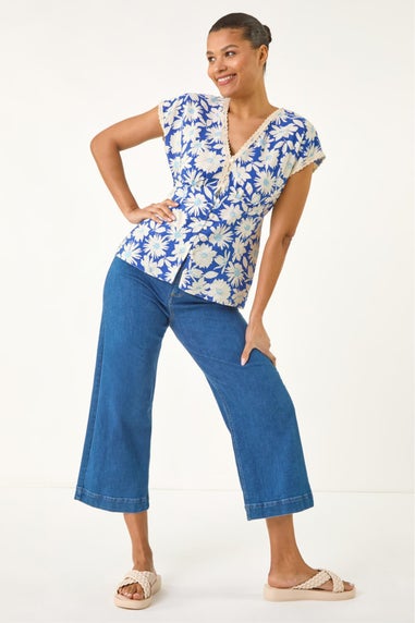Roman Blue Floral Print Lace Trim Top