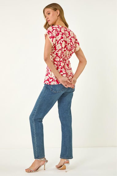 Roman Red Floral Print Lace Trim Top