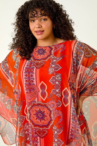 Roman Red Curve Ikat Paisley Asymmetric Overlay Top