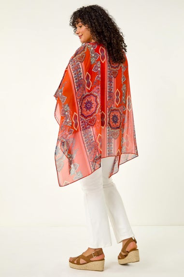 Roman Red Curve Ikat Paisley Asymmetric Overlay Top