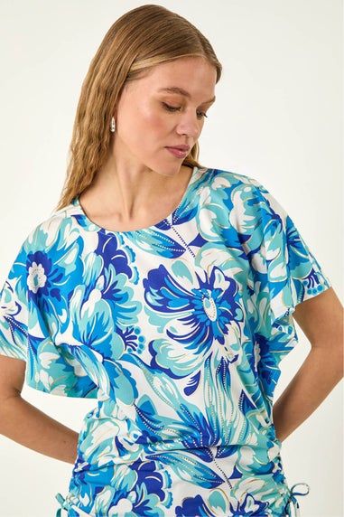 Roman Blue Abstract Ruched Side Stretch Top