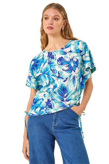 Roman Blue Abstract Ruched Side Stretch Top