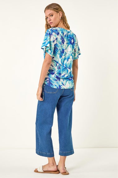 Roman Blue Abstract Ruched Side Stretch Top