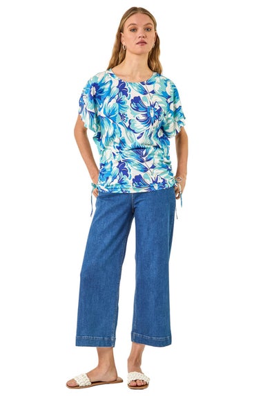 Roman Blue Abstract Ruched Side Stretch Top