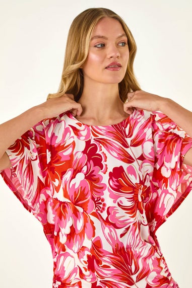 Roman Pink Abstract Ruched Side Stretch Top