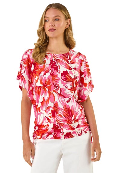 Roman Pink Abstract Ruched Side Stretch Top