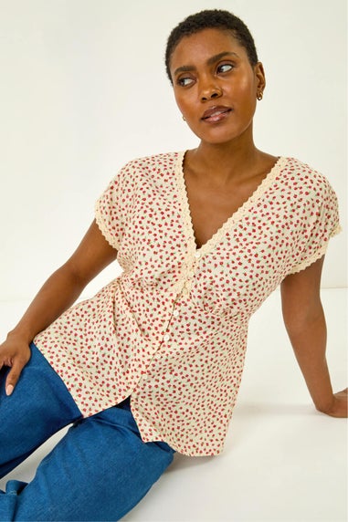 Roman Pink Floral Ditsy Print Lace Trim Top