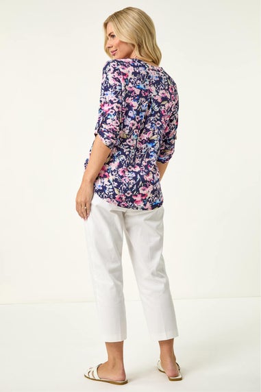 Roman Navy Petite Floral Print Button Stretch Shirt