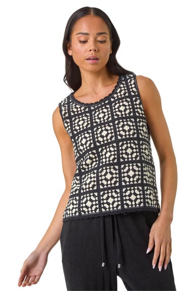 Roman Black Petite Crochet Patchwork Top