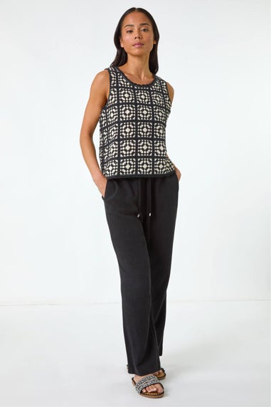 Roman Black Petite Crochet Patchwork Top