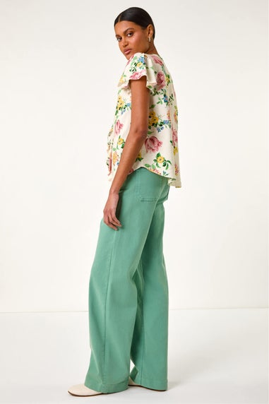 Roman Light Pink Floral Tie Front Frill Top