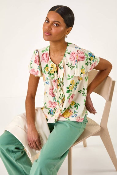 Roman Light Pink Floral Tie Front Frill Top