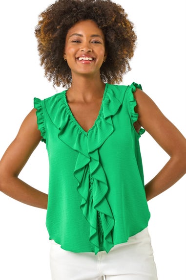 Roman Green V-Neck Ruffle Front Vest Top