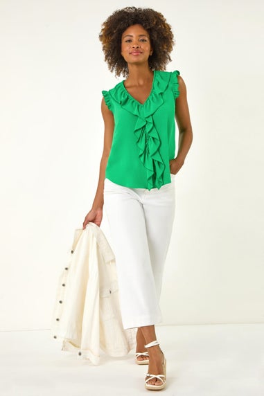 Roman Green V-Neck Ruffle Front Vest Top