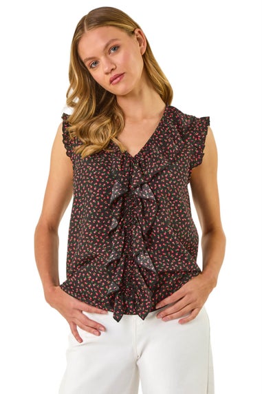 Roman Black Floral Print Ruffle Front Top