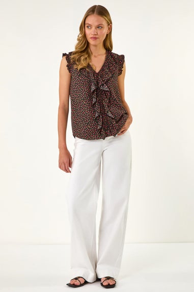 Roman Black Floral Print Ruffle Front Top