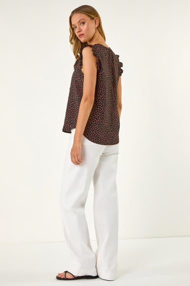 Roman Black Floral Print Ruffle Front Top