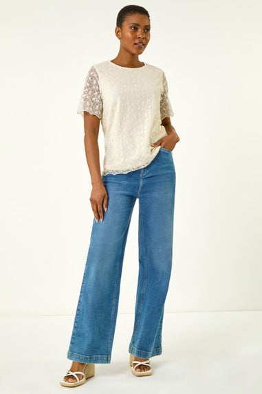 Roman Cream Floral Lace Overlay T-Shirt
