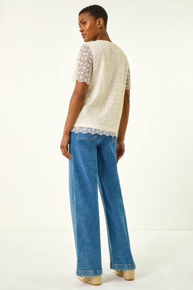 Roman Cream Floral Lace Overlay T-Shirt