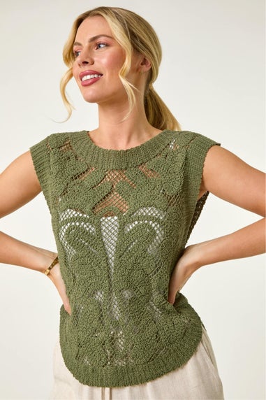 Roman Khaki Petite Curve Hem Crochet Top