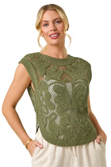 Roman Khaki Petite Curve Hem Crochet Top