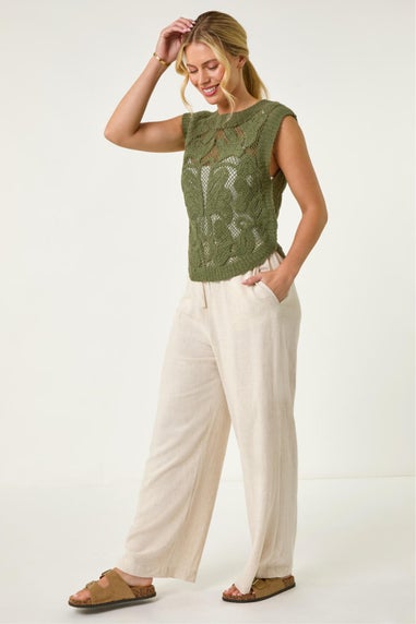 Roman Khaki Petite Curve Hem Crochet Top
