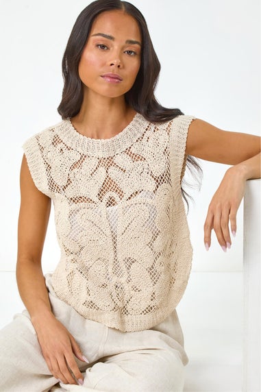 Roman Natural Petite Curve Hem Crochet Top