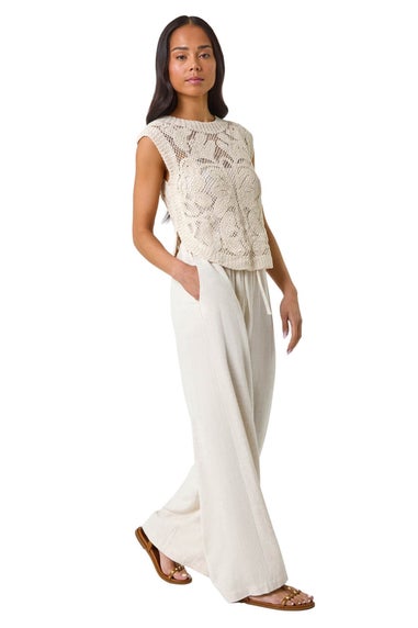 Roman Natural Petite Curve Hem Crochet Top