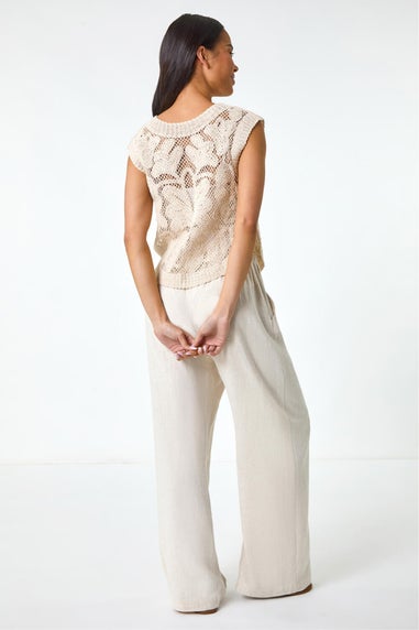 Roman Natural Petite Curve Hem Crochet Top