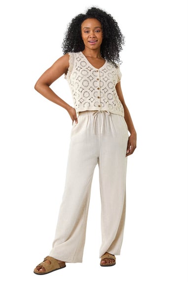 Roman Natural Petite Crochet Frill Sleeve Top