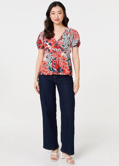 Izabel London Orange Ditsy Floral Faux Wrap V-Neck Top