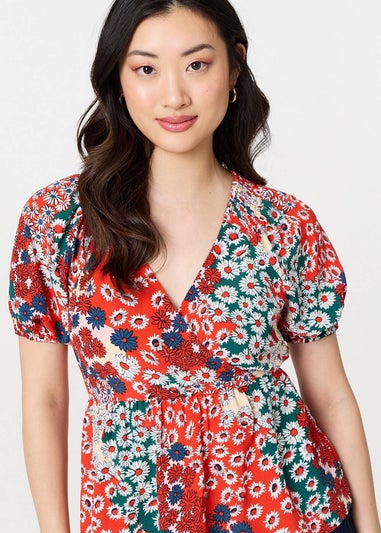Izabel London Orange Ditsy Floral Faux Wrap V-Neck Top
