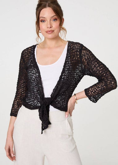 Izabel London Black Crochet Open Knit Waterfall Cardigan