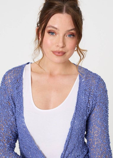 Izabel London Blue Crochet Open Knit Waterfall Cardigan