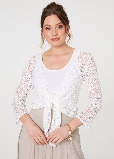 Izabel London White Crochet Open Knit Waterfall Cardigan