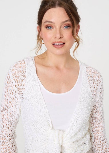 Izabel London White Crochet Open Knit Waterfall Cardigan