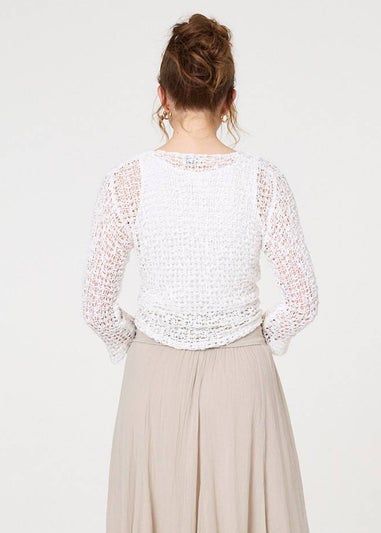 Izabel London White Crochet Open Knit Waterfall Cardigan