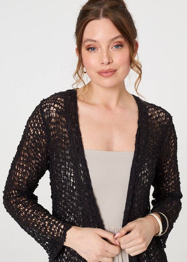 Izabel London Black Crochet Knit Longline Waterfall Cardigan