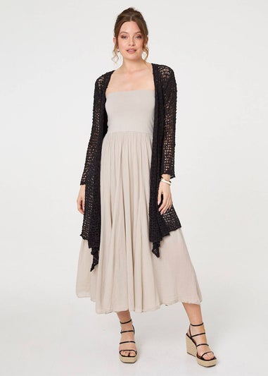 Izabel London Black Crochet Knit Longline Waterfall Cardigan