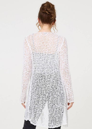 Izabel London White Crochet Knit Longline Waterfall Cardigan